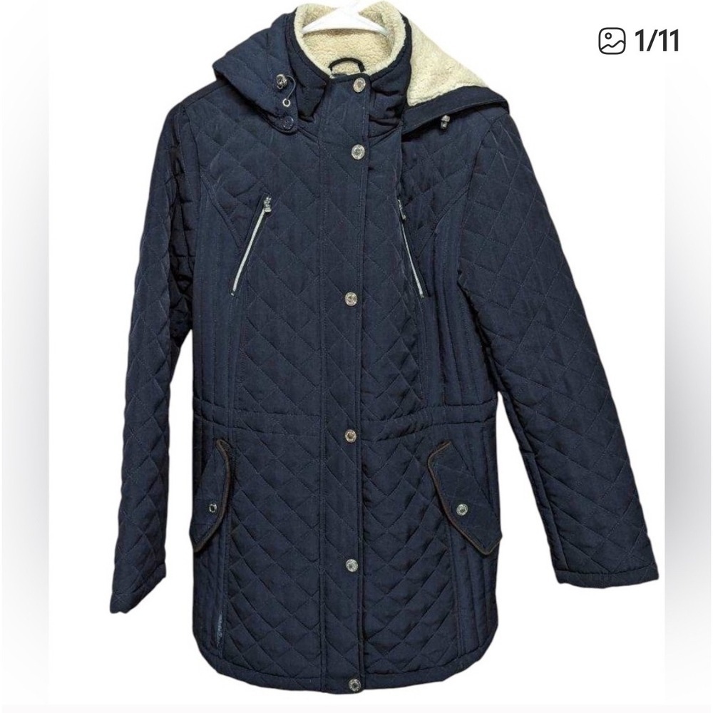 Laundry by Shelli Segal Quilted Hooded Jacket Navy Blue Medium Faux Fur Lined